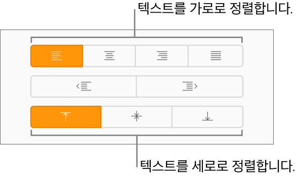 포맷 사이드바에 있는 세로 및 가로 텍스트 정렬 버튼.