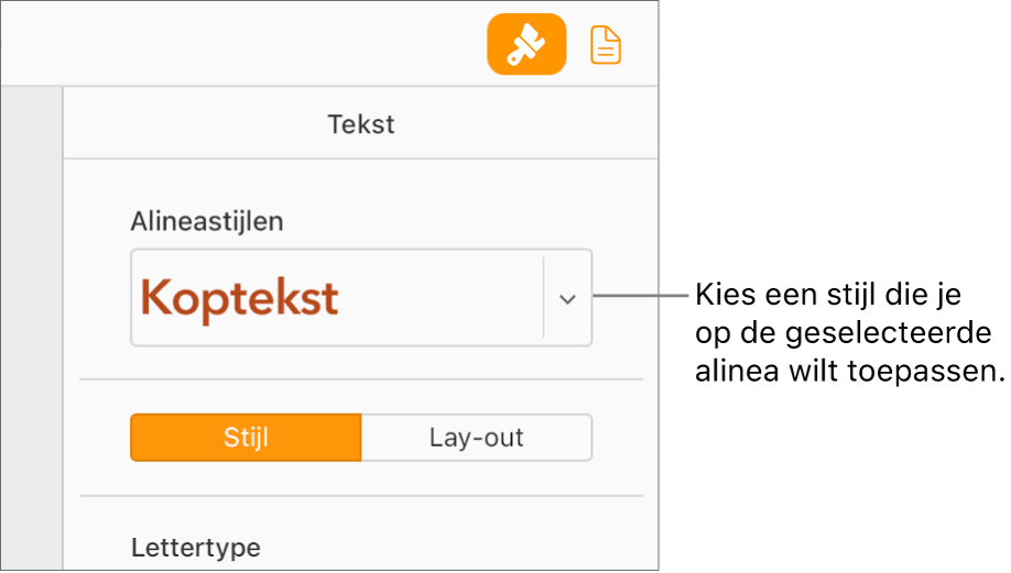 Het pop‑upmenu 'Alineastijlen' in de navigatiekolom 'Opmaak'. De Koptekst alineastijl, een rood, vetgedrukt lettertype is geselecteerd.