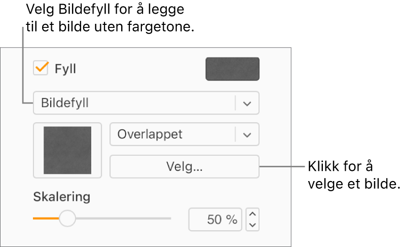 Det er krysset av i Fyll-ruten i sidepanelet, og Bildefyll er valgt på lokalmenyen under avkrysningsruten. Kontroller for valg av bilde, hvordan det fyller objektet, og bildeskaleringen vises under lokalmenyen. En forhåndsvisning av fargefyllet vises i firkanten (etter et bilde er valgt).