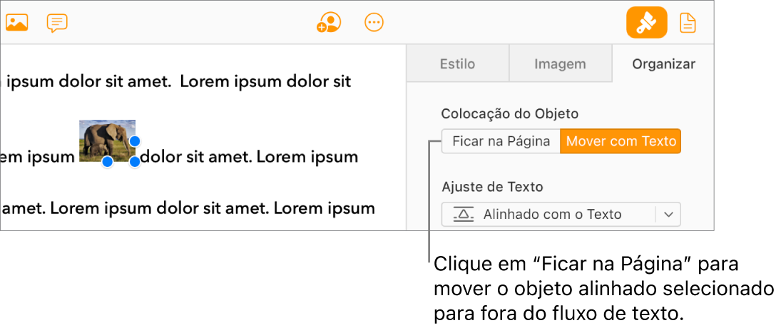 Uma imagem embutida dentro do corpo do documento é selecionada e um botão Permanecer na página fica visível na aba Organizar na barra lateral.