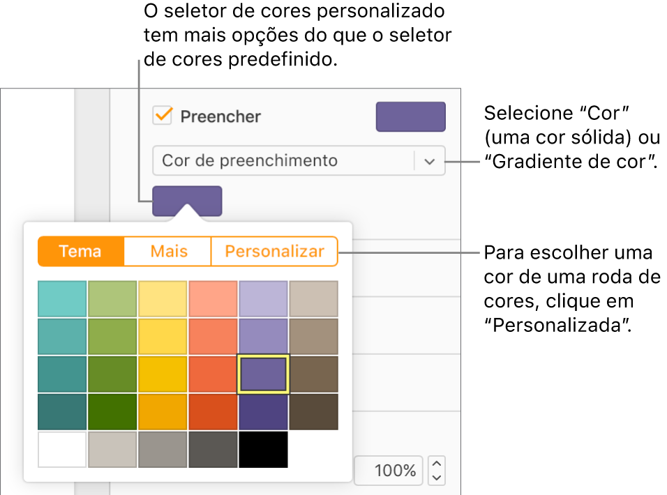 A opção “Preenchimento de cor” está selecionada no menu pop-up sob a opção assinalável “Preenchimento” e a paleta de cores sob o menu pop-up apresenta opções adicionais de preenchimento de cor.