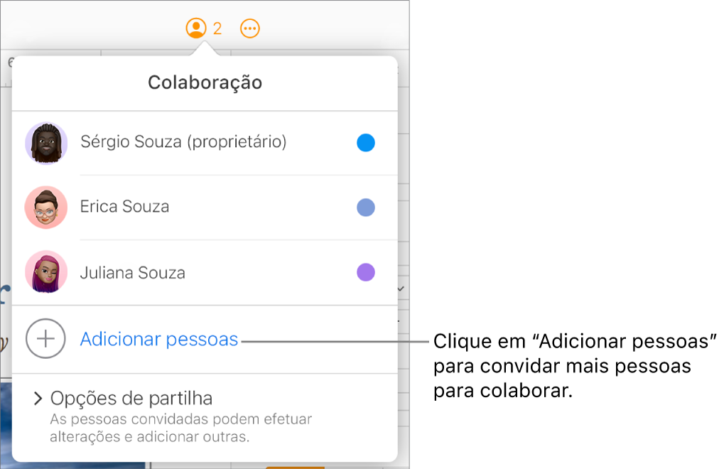 O menu Colaboração abre-se, com a opção “Adicionar pessoas” sob a lista de participantes.