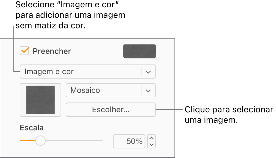 A opção "Preencher” está assinalada na barra lateral e a opção "Preenchimento com imagem” está selecionada no menu pop-up sob a opção assinalável. Os controlos para selecionar a imagem, a forma como preenche o objeto e a escala da imagem, são apresentados sob o menu pop-up. Uma pré-visualização do preenchimento com imagem aparece no quadrado (após uma imagem ser escolhida).