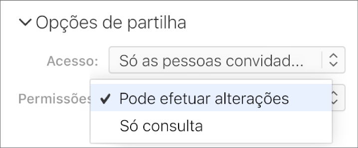 O menu pop-up "Permissão” sob “Opções de partilha” está aberto, com opções que permitem que as pessoas efetuem alterações ao documento ou apenas o visualizem.