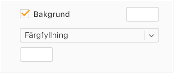 Kryssrutan Bakgrund är markerad i sidofältet och den förinställda färgkällan till höger om kryssrutan är fylld med vitt. Under kryssrutan är Färgfyllning valt i en popupmeny och därunder är den anpassade färgkällan fylld med vitt.