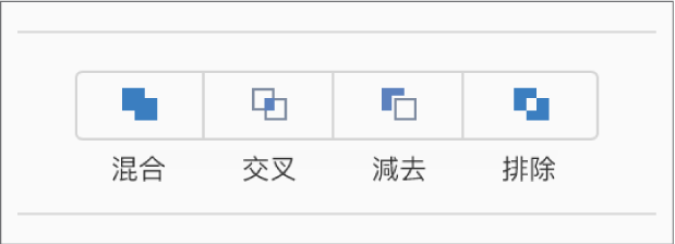 「格式」側邊欄中「排列」標籤頁底部的「混合」、「交叉」、「減去」及「排除」按鈕。