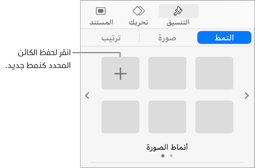 علامة تبويب النمط في الشريط الجانبي "التنسيق" وبه نمط مربع نص واحد، وزر إنشاء نمط على يساره، وأربعة عناصر نائبة فارغة للنمط.