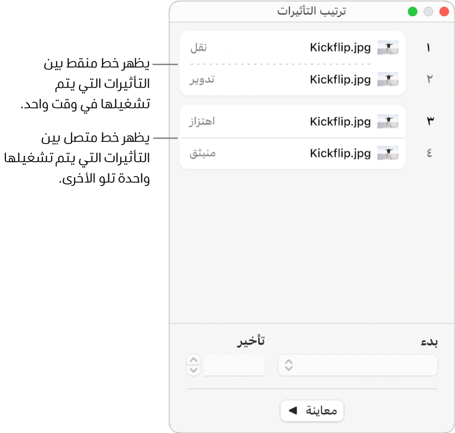 قائمة ترتيب التأثيرات، مع ظهور خط منقط بين التأثيرات التي يتم تشغيلها في وقت واحد وخط متصل بين التأثيرات التي يتم تشغيلها واحدة تلو الأخرى.