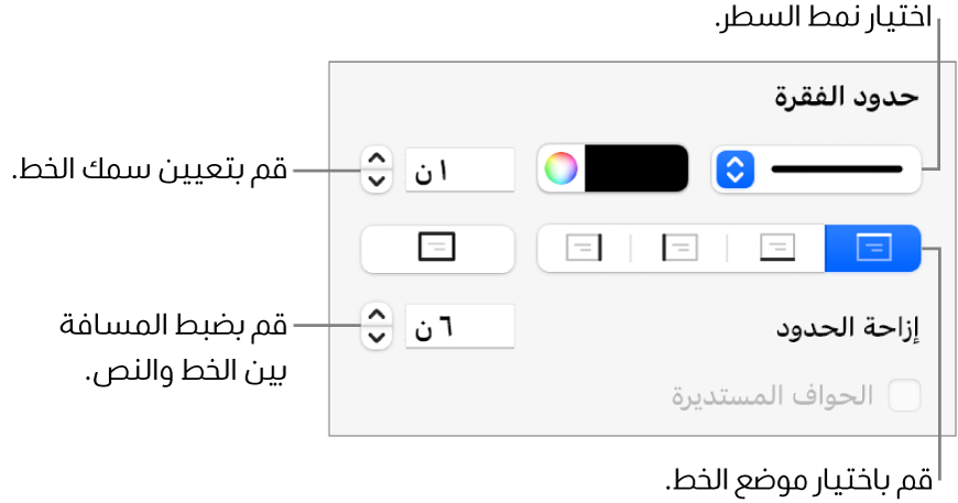 عناصر التحكم الخاصة بتغيير نمط الخط، السُمك، الموضع، واللون.