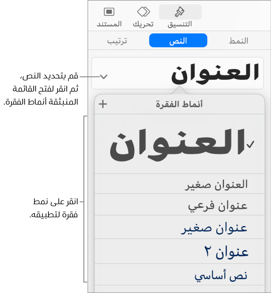 قائمة أنماط الفقرة مع علامة اختيار بجوار النمط المحدد.