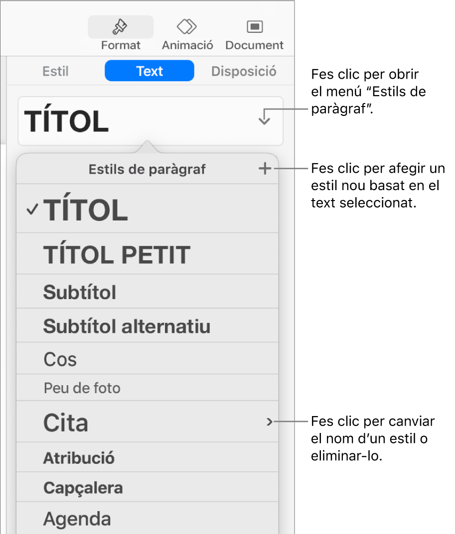 El menú “Estils de paràgraf” amb els controls per afegir o canviar un estil.