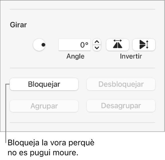 Els controls d’objecte “Gira”, “Bloqueja” i “Agrupa” amb el botó “Bloqueja” ressaltat.