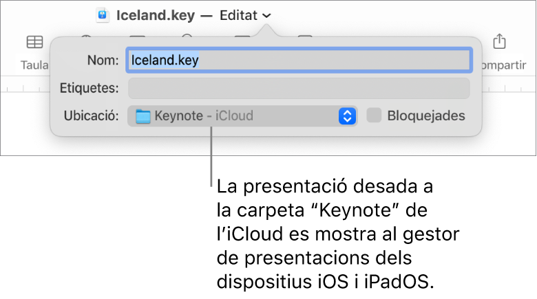 El quadre de diàleg “Desa” per a una presentació, amb “Keynote - iCloud” al menú desplegable “Ubicació”.