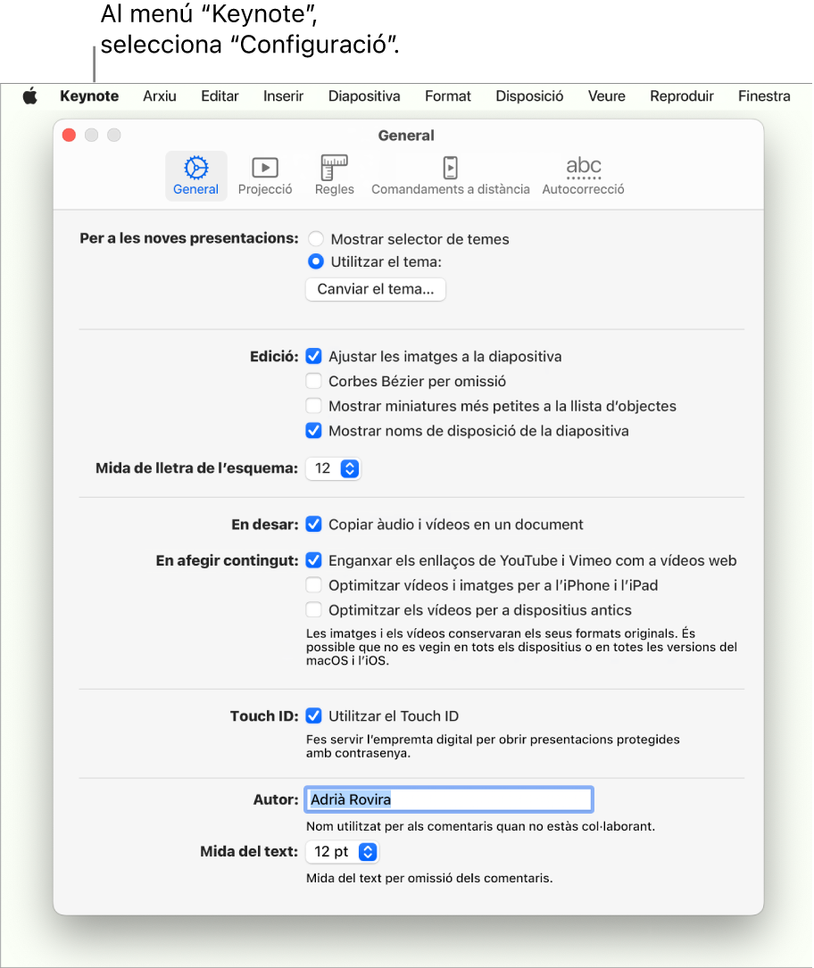 Finestra de la configuració del Keynote oberta amb el tauler General.