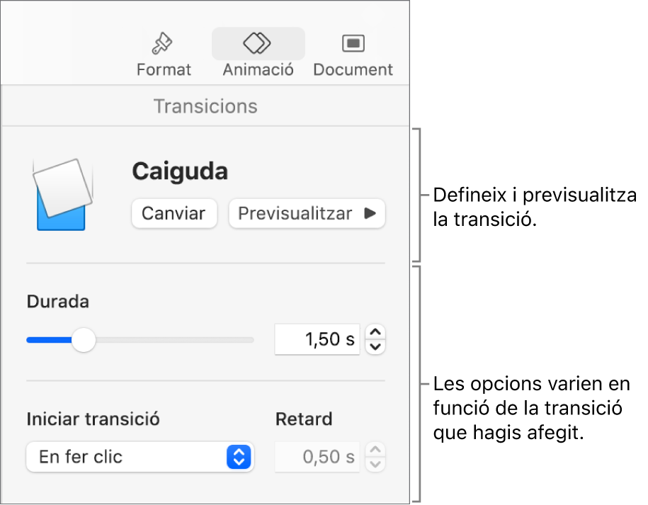 Els controls Transició de la secció Transicions de la barra lateral.