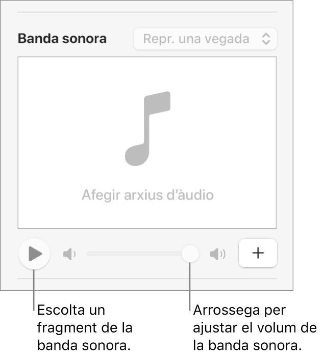 Els controls de “Banda sonora” amb el botó “Reprodueix” i el regulador de volum ressaltats.