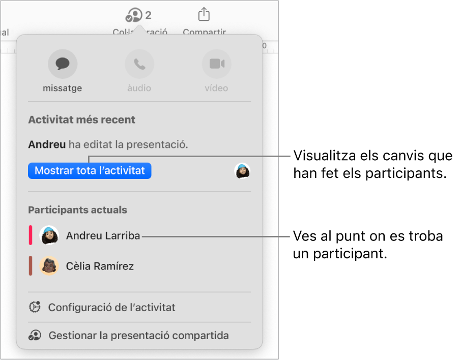 Menú de col·laboració amb una llista de dos participants actuals.