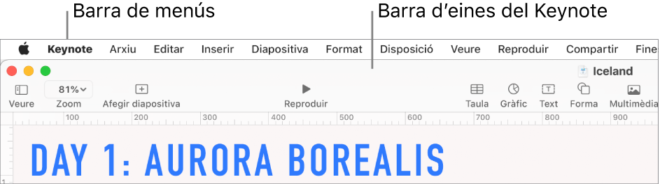 La barra de menú a la part superior de la pantalla amb els menús “Apple”, “Keynote”, “Arxiu”, “Edita”, “Insereix”, “Format”, “Disposició”, “Mostra”, “Reprodueix”, “Comparteix”, “Finestra” i “Ajuda”. A sota de la barra de comentaris hi ha oberta una presentació del Keynote amb els botons de barra d’eines “Mostra”, “Zoom”, “Afegeix una diapositiva”, “Reprodueix”, “Taula”, “Gràfic”, “Text”, “Forma” i “Multimèdia” a la part superior.