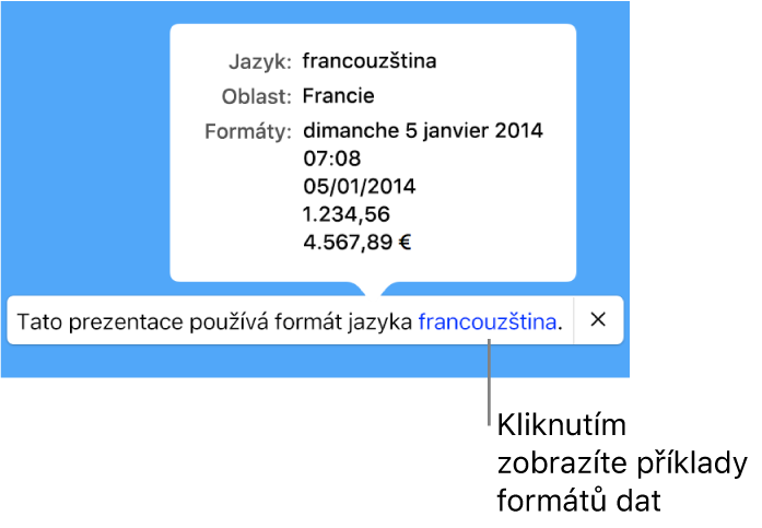 Upozornění na odlišné nastavení jazyka a oblasti s ukázkami formátování pro daný jazyk a oblast