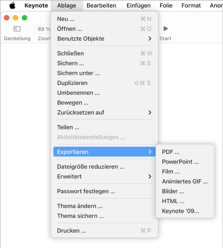 Das geöffnete Menü „Ablage“ mit ausgewählter Option „Exportieren“ und dem Untermenü, in dem Exportoptionen für PDF, PowerPoint, Film, HTML, Bilder und Keynote '09 angezeigt werden