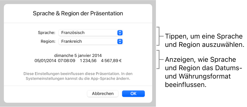 Der Bereich „Sprache & Region“ mit Einblendmenüs für Sprache und Region sowie einem Formatierungsbeispiel für Datum, Uhrzeit, Dezimalstellen und Währung.