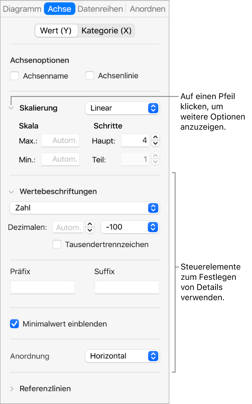 Steuerelemente zum Formatieren der Markierungen auf den Diagrammachsen