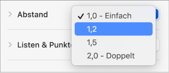 Das Einblendmenü „Abstand“ mit den Optionen „Einfach“, „Doppelt“ und weiteren Optionen