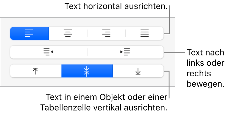 Der Abschnitt „Ausrichtung“ der Seitenleiste mit Tasten zur horizontalen Ausrichtung von Text, zum Bewegen von Text nach links oder rechts und zur vertikalen Ausrichtung von Text