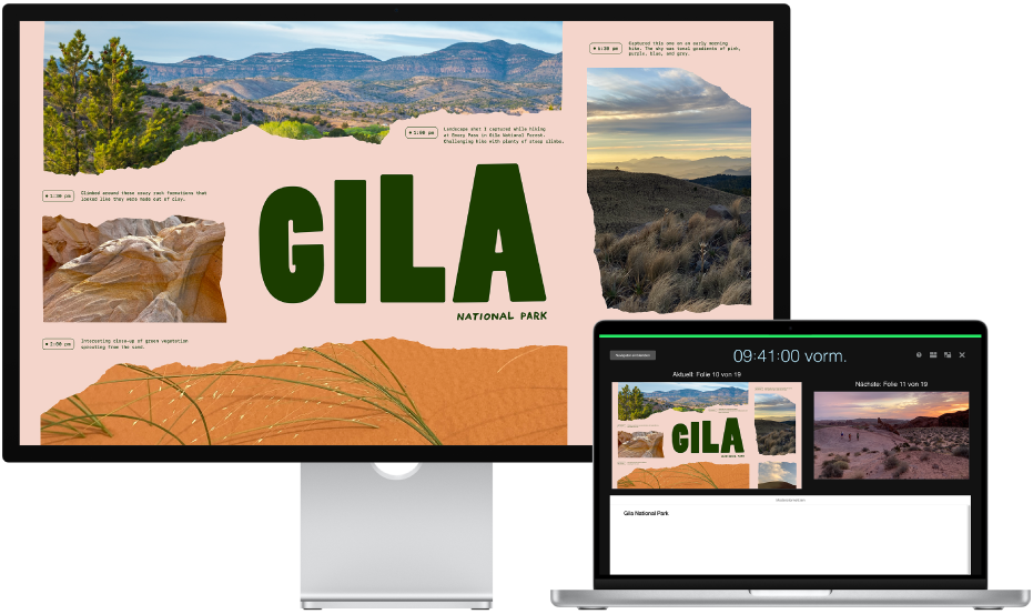 Ein Display steht neben einem mobilen Mac. Auf dem Monitor wird eine Präsentation im Vollbildmodus abgespielt. Auf dem Mac-Bildschirm ist der Moderatormonitor geöffnet.