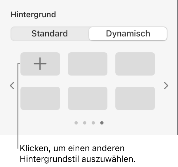 Die ausgewählte Taste „Dynamisch“ im Bereich „Hintergrund“ der Seitenleiste „Format“ mit der Taste „Stil hinzufügen“