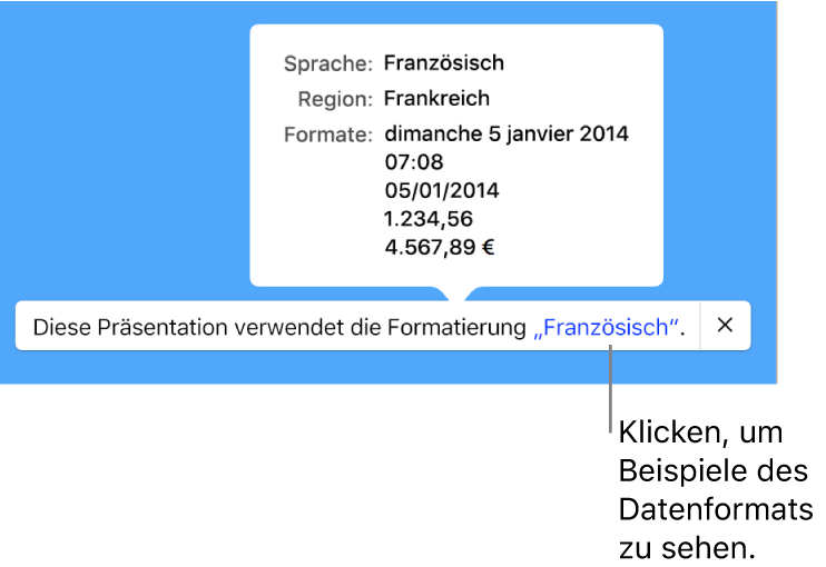 Die Mitteilung zur anderen Sprache und Region mit Beispielen der Formatierung in dieser Sprache und Region.