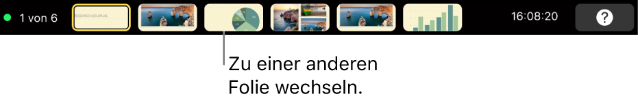 Die MacBook Pro-Touch Bar mit Steuerelementen zum Verlassen der Präsentation, zum gezielten Wechseln zu Folien und Wechseln des Moderatormonitors.