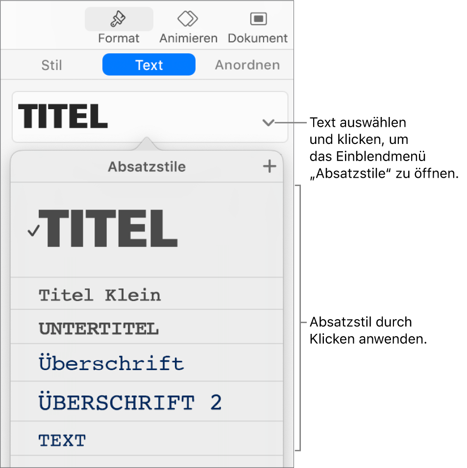 Das Menü „Absatzstile“ mit einem Häkchen neben dem ausgewählten Stil