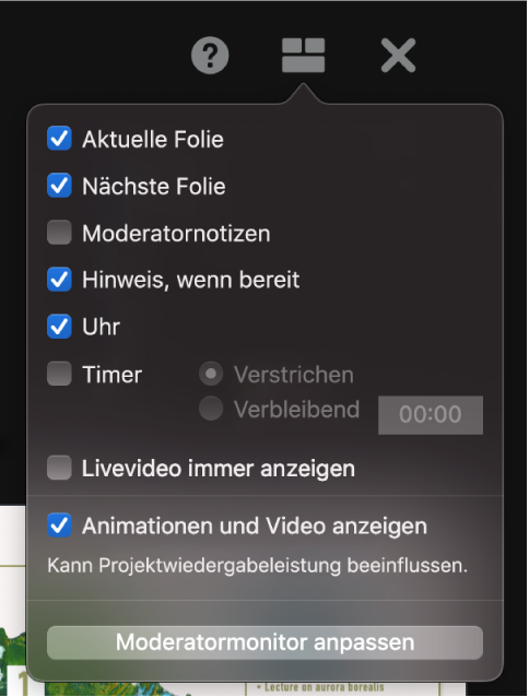 Zu den Optionen für den Moderatormonitor gehören: Aktuelle Folie, Nächste Folie, Moderatornotizen, Anzeige für „Bereit für „Weiter““, Uhr und Timer. Der Timer hat zudem Optionen, um die verstrichene oder verbleibende Zeit anzuzeigen.