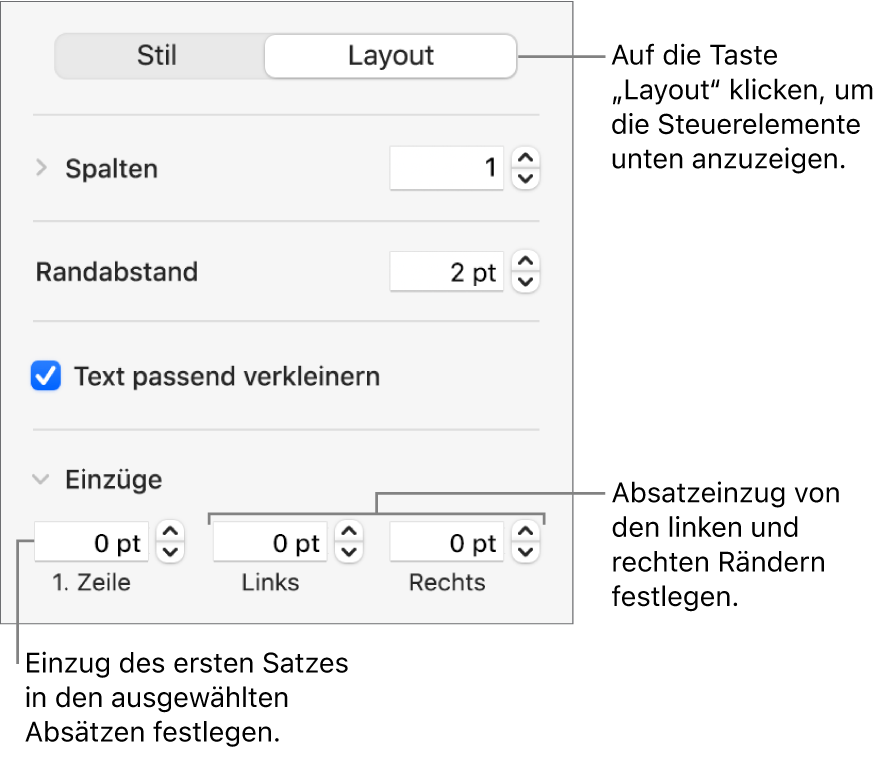 Der Abschnitt „Layout“ der Seitenleiste „Format“ mit Steuerelementen zum Festlegen des Einzugs der ersten Zeile und der Absatzränder