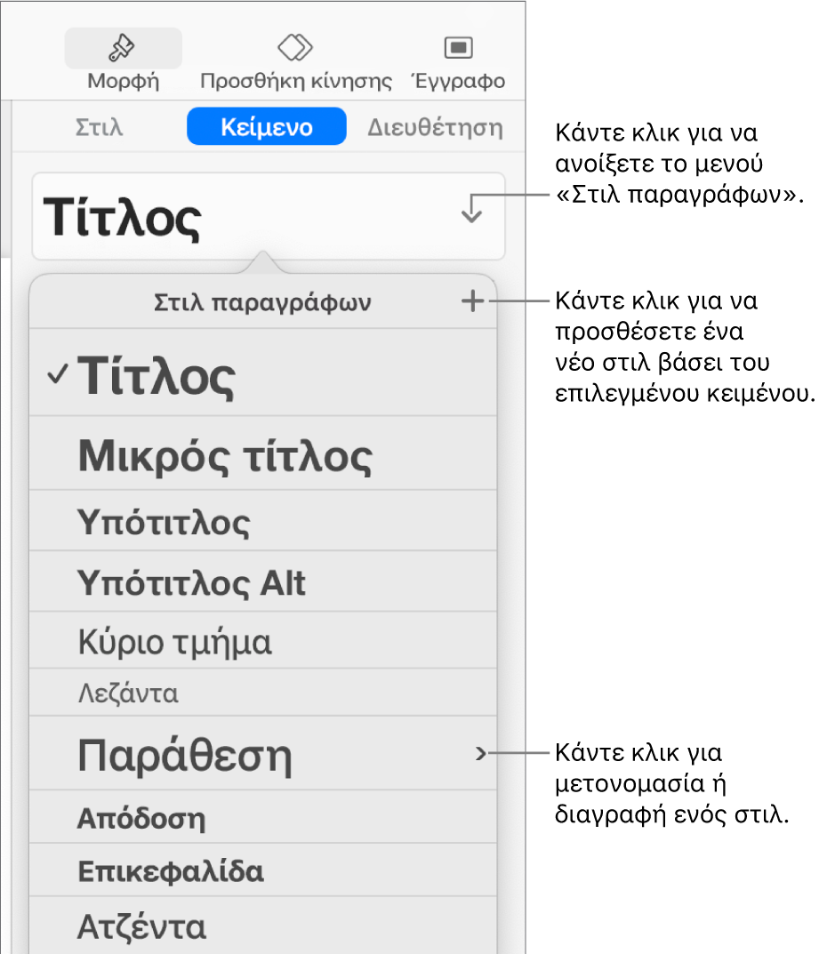 Το μενού «Στιλ παραγράφων» που εμφανίζει τα στοιχεία ελέγχου για την προσθήκη ή την αλλαγή ενός στιλ.