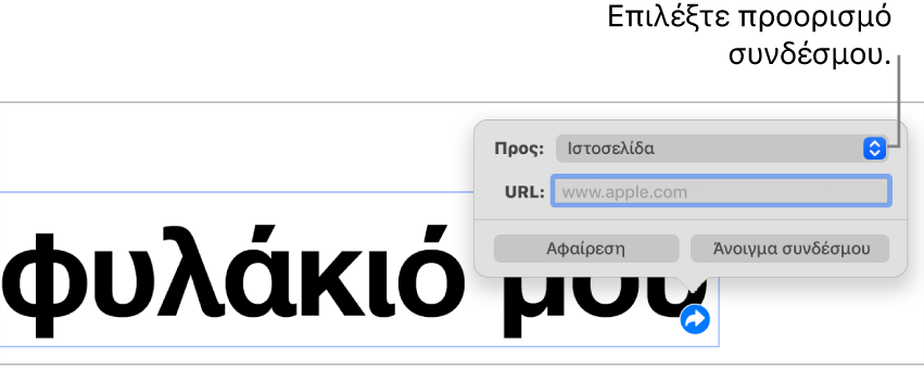 Τα στοιχεία ελέγχου του επεξεργαστή συνδέσμων με επιλεγμένη την «Ιστοσελίδα», και τα κουμπιά «Αφαίρεση» και «Άνοιγμα συνδέσμου» στο κάτω μέρος.