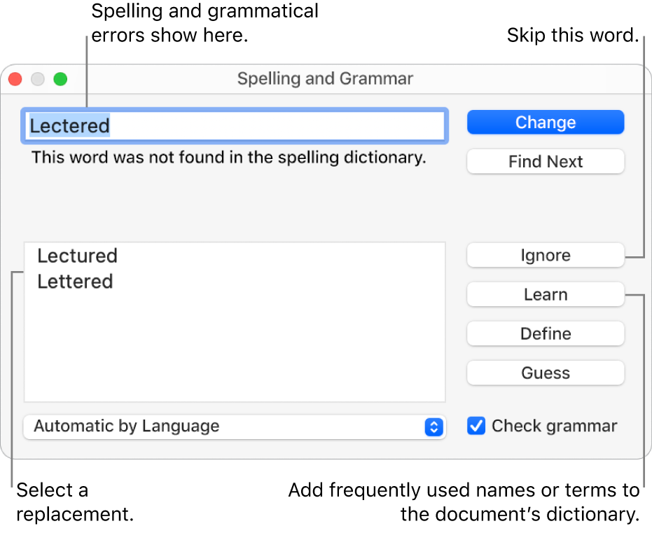 The Spelling and Grammar window.