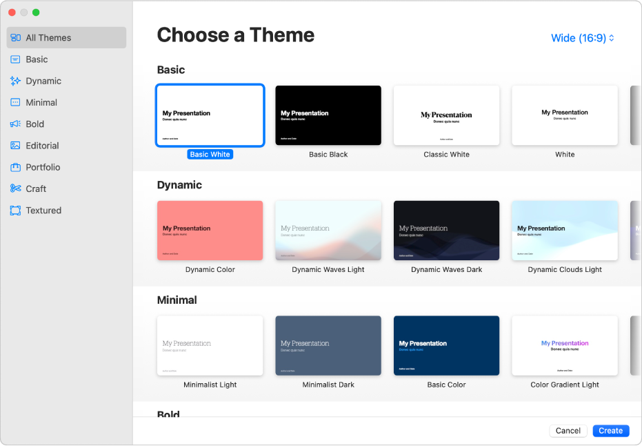 The theme chooser. A sidebar on the left lists theme categories you can click to filter options. On the right are thumbnails of pre-designed themes, arranged in rows by category.