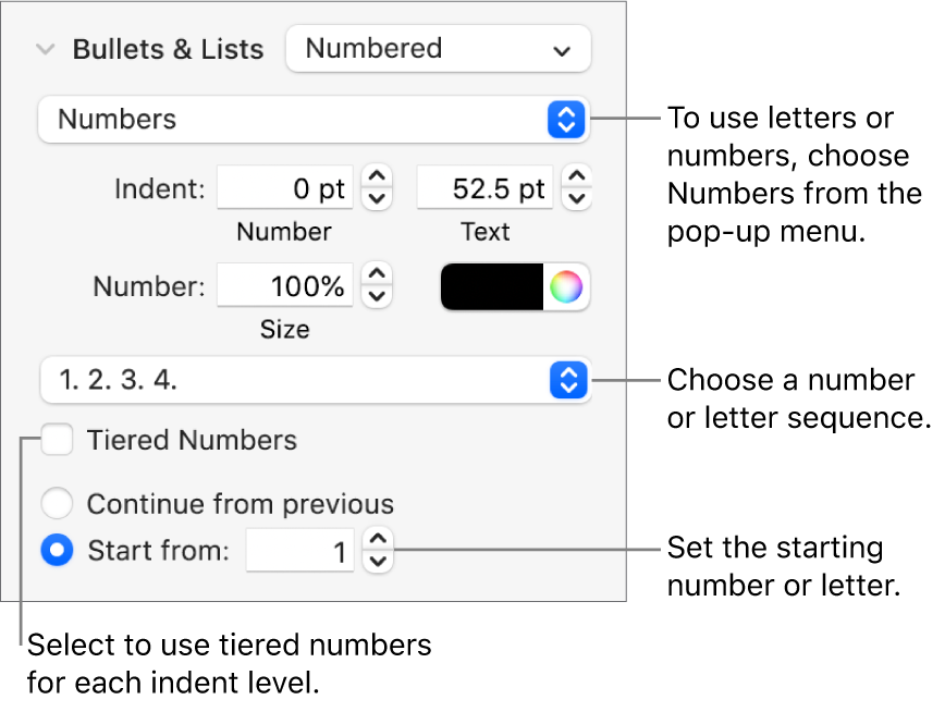 Controls for changing the number style and spacing of a list.