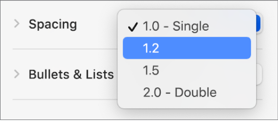 The Spacing pop-up menu with Single, Double and other options.
