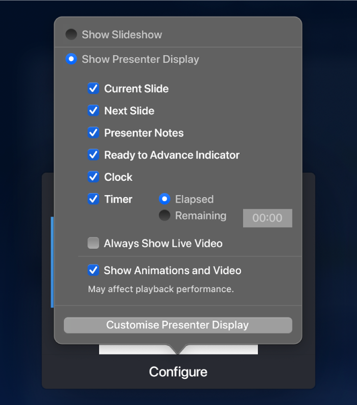 Options for what to show on each display. You can show the slideshow, or show the presenter display, which has options including Current Slide, Next Slide, Presenter Notes, Ready to Advance Indicator, Clock and Timer. The timer has additional options to show either the time elapsed or the time remaining.