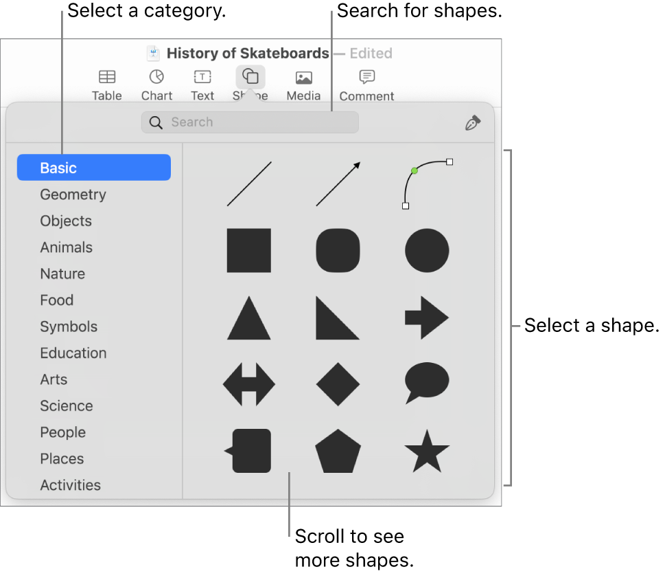 The shapes library, with categories listed on the left and shapes displayed on the right. You can use the search field at the top to find shapes and scroll to see more.