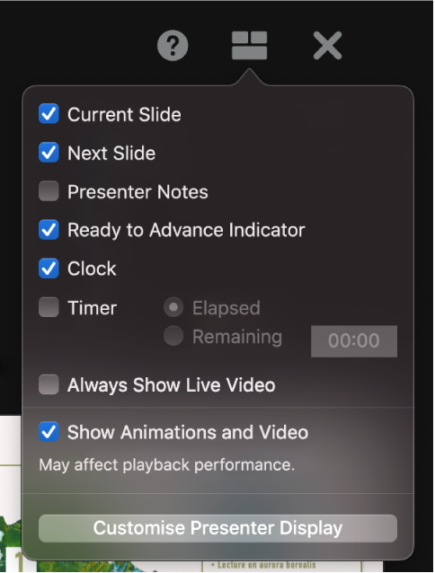 The presenter display options, including Current Slide, Next Slide, Presenter Notes, Ready to Advance Indicator, Clock and Timer. The timer has additional options to show either the time elapsed or the time remaining.