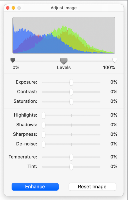 The Adjust Image window with sliders for setting exposure, contrast, saturation, highlights, shadows, sharpness, de-noise, temperature and tint.