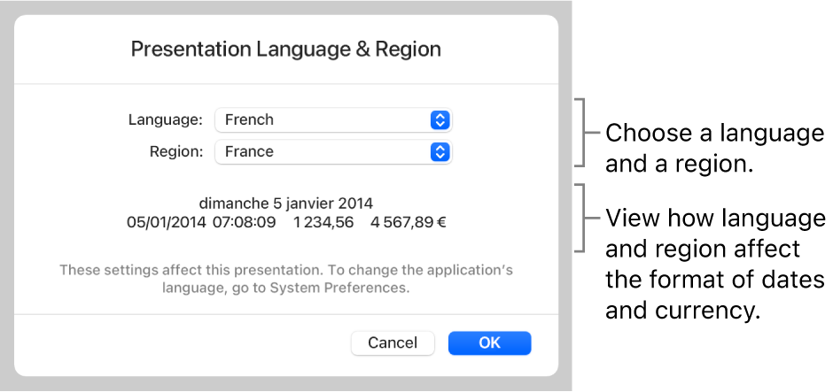 Language & Region pane with controls for language and region, and a format example including date, time, decimal and currency.