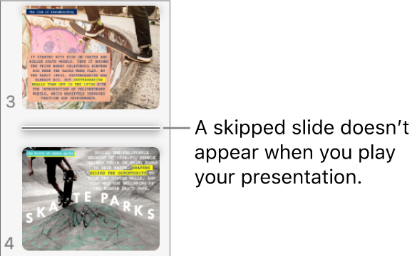 The slide navigator with a skipped slide showing as a horizontal line.