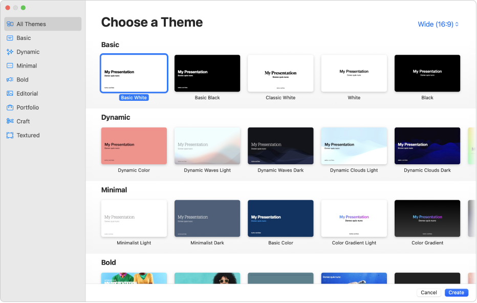 The theme chooser. A sidebar on the left lists theme categories you can click to filter options. On the right are thumbnails of predesigned themes arranged in rows by category, starting with Basic at the top and followed by Dynamic, Minimal, and Bold. The Cancel and Create buttons are in the bottom-right corner.