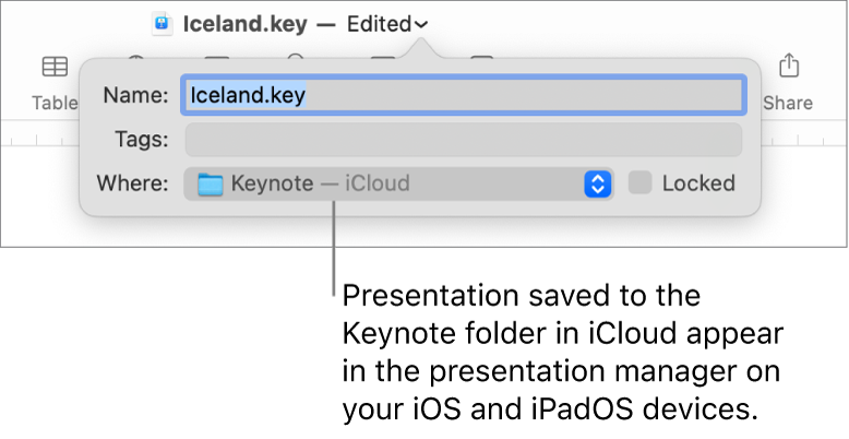 The Save dialog for a presentation with Keynote—iCloud in the Where pop-up menu.