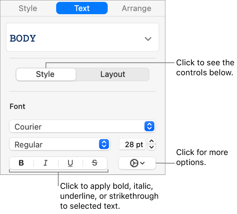 The Style controls in the sidebar with callouts to the Bold, Italic, Underline, and Strikethrough buttons.